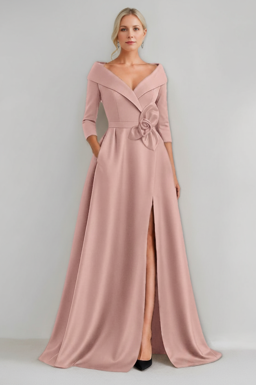 A-Line/Princess V-Neck 3/4 Sleeves Floor-Length Mother of the Bride Dresses with 3D Flowers & Pocket & Slit