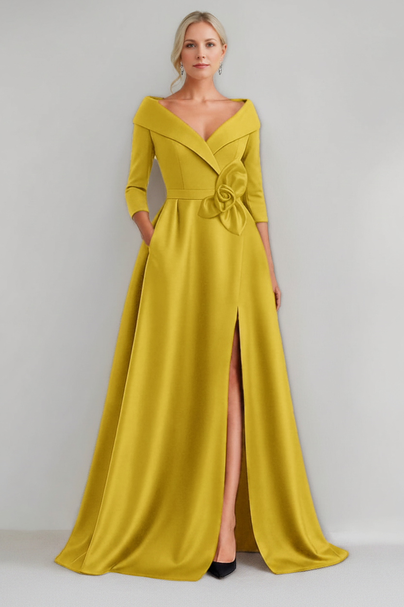 A-Line/Princess V-Neck 3/4 Sleeves Floor-Length Mother of the Bride Dresses with 3D Flowers & Pocket & Slit