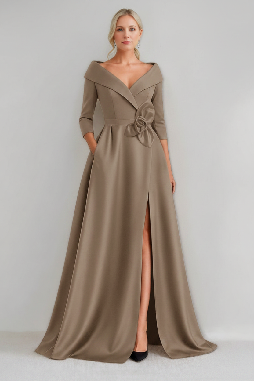 A-Line/Princess V-Neck 3/4 Sleeves Floor-Length Mother of the Bride Dresses with 3D Flowers & Pocket & Slit