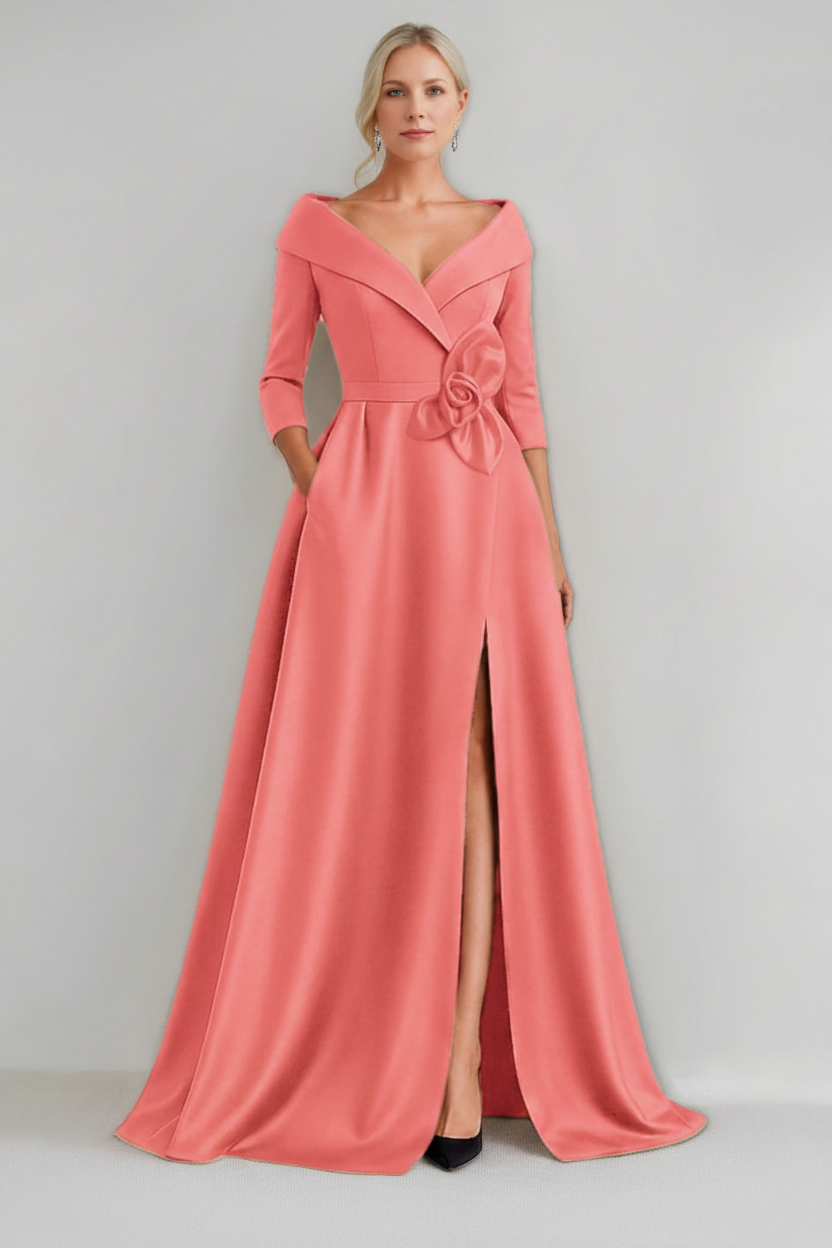 A-Line/Princess V-Neck 3/4 Sleeves Floor-Length Mother of the Bride Dresses with 3D Flowers & Pocket & Slit