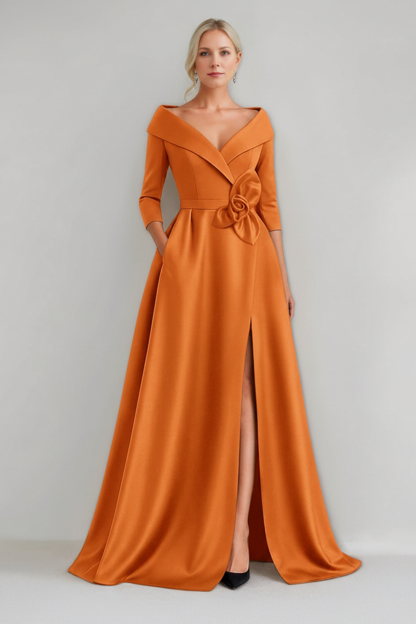 A-Line/Princess V-Neck 3/4 Sleeves Floor-Length Mother of the Bride Dresses with 3D Flowers & Pocket & Slit
