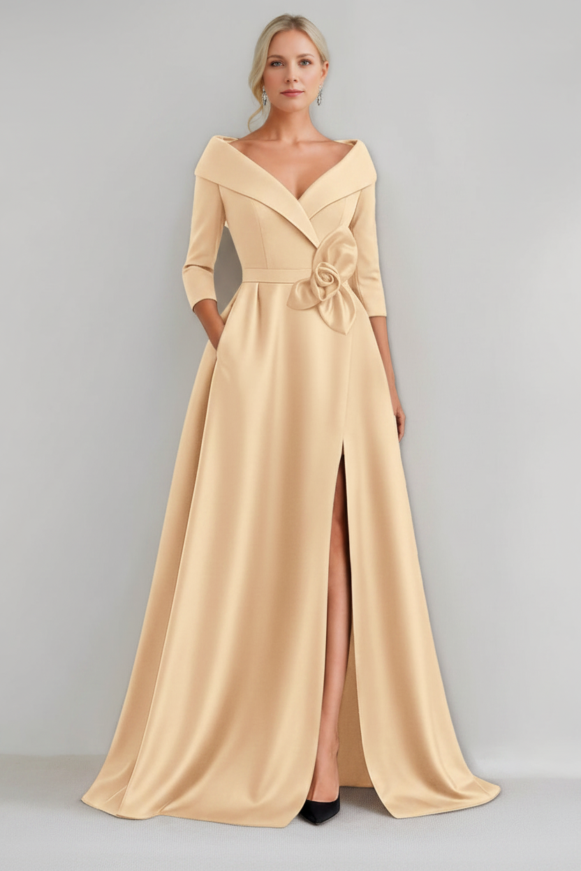 A-Line/Princess V-Neck 3/4 Sleeves Floor-Length Mother of the Bride Dresses with 3D Flowers & Pocket & Slit