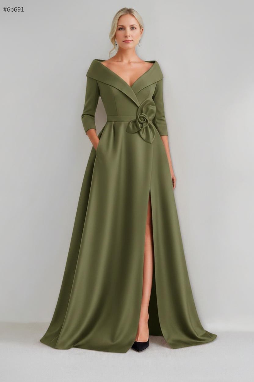 A-Line/Princess V-Neck 3/4 Sleeves Floor-Length Mother of the Bride Dresses with 3D Flowers & Pocket & Slit