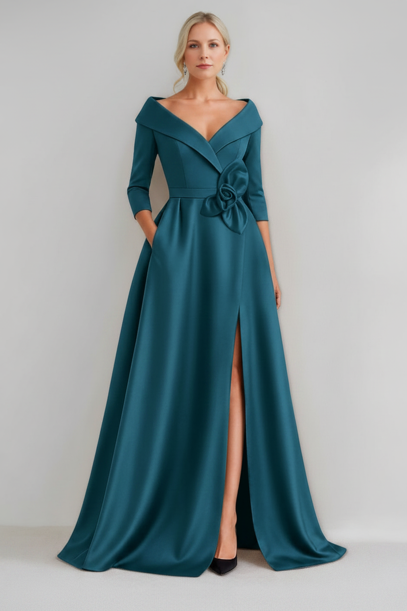 A-Line/Princess V-Neck 3/4 Sleeves Floor-Length Mother of the Bride Dresses with 3D Flowers & Pocket & Slit