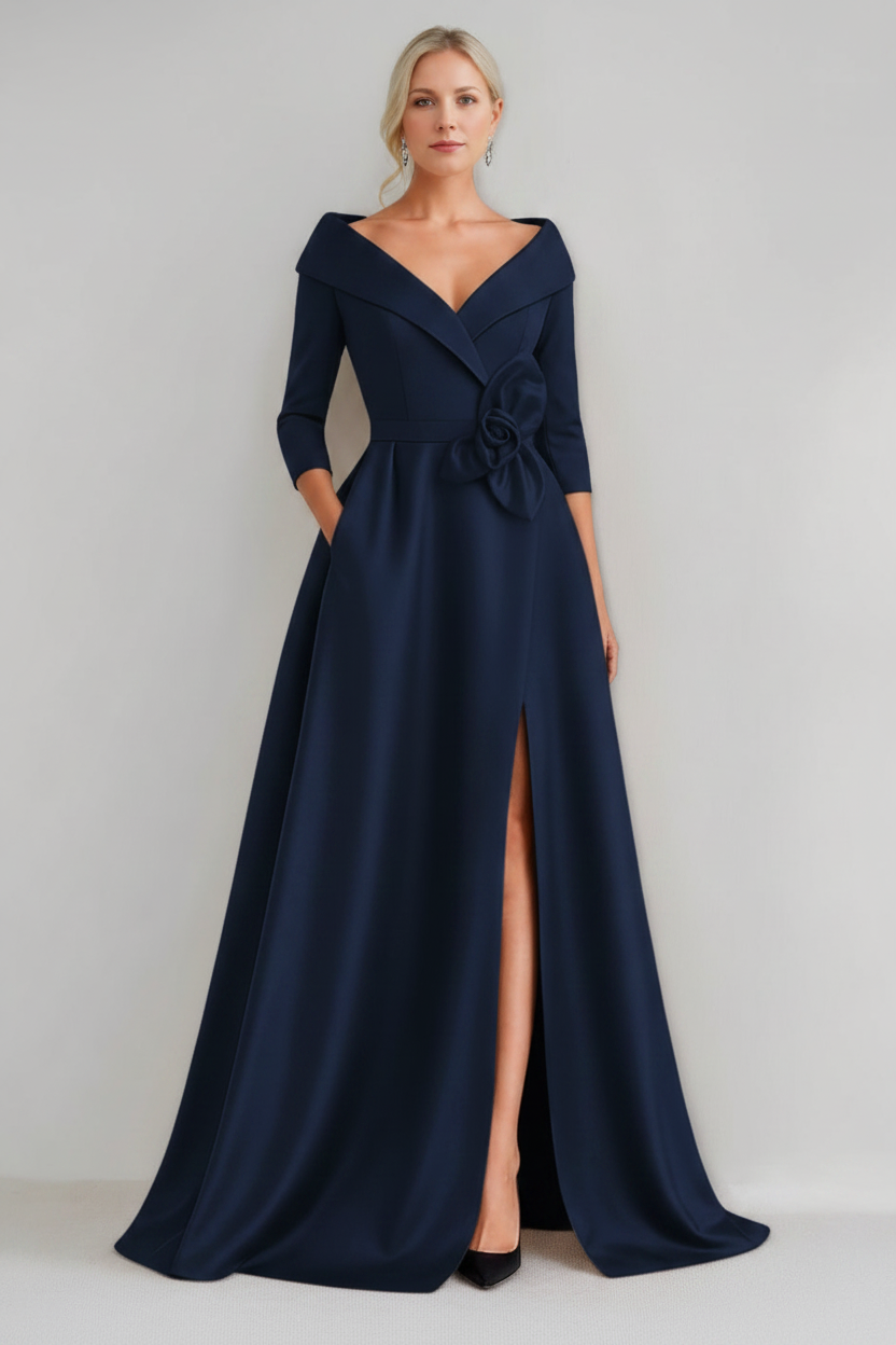 A-Line/Princess V-Neck 3/4 Sleeves Floor-Length Mother of the Bride Dresses with 3D Flowers & Pocket & Slit