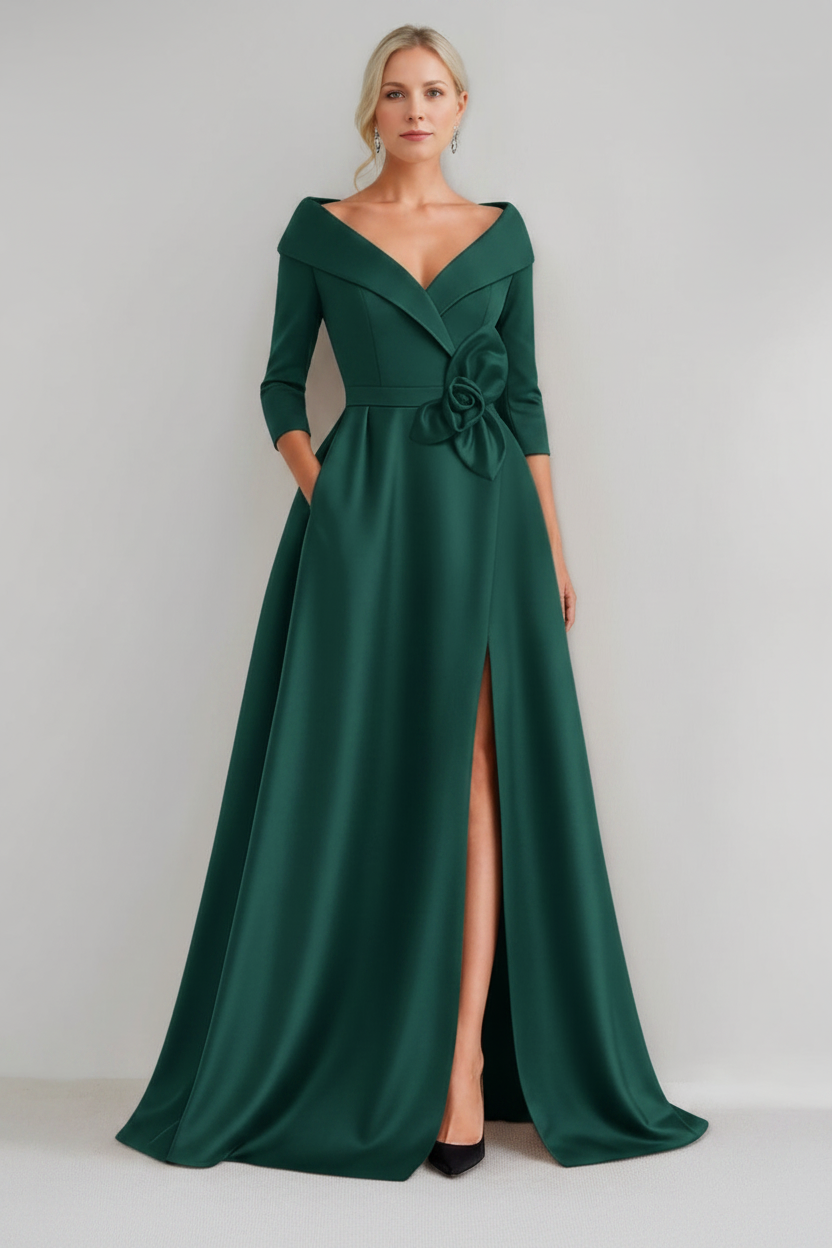 A-Line/Princess V-Neck 3/4 Sleeves Floor-Length Mother of the Bride Dresses with 3D Flowers & Pocket & Slit