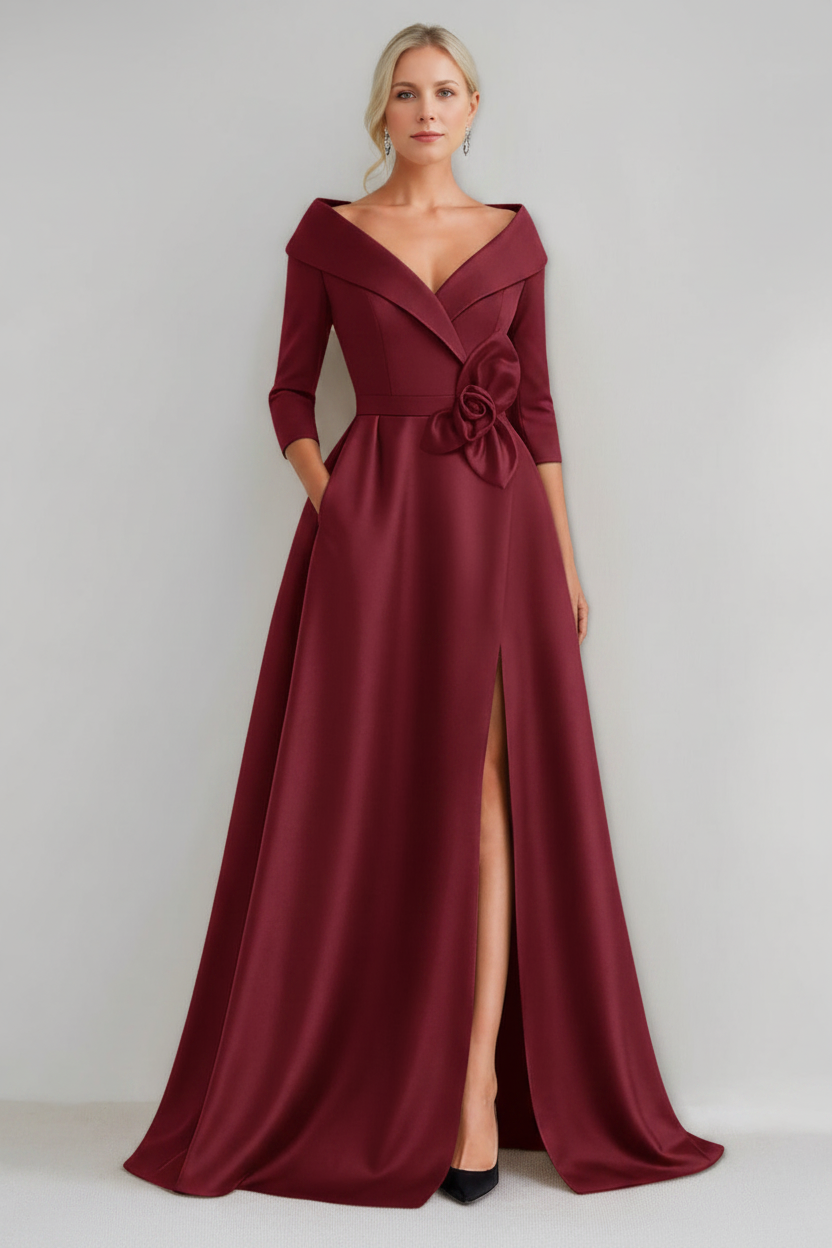 A-Line/Princess V-Neck 3/4 Sleeves Floor-Length Mother of the Bride Dresses with 3D Flowers & Pocket & Slit