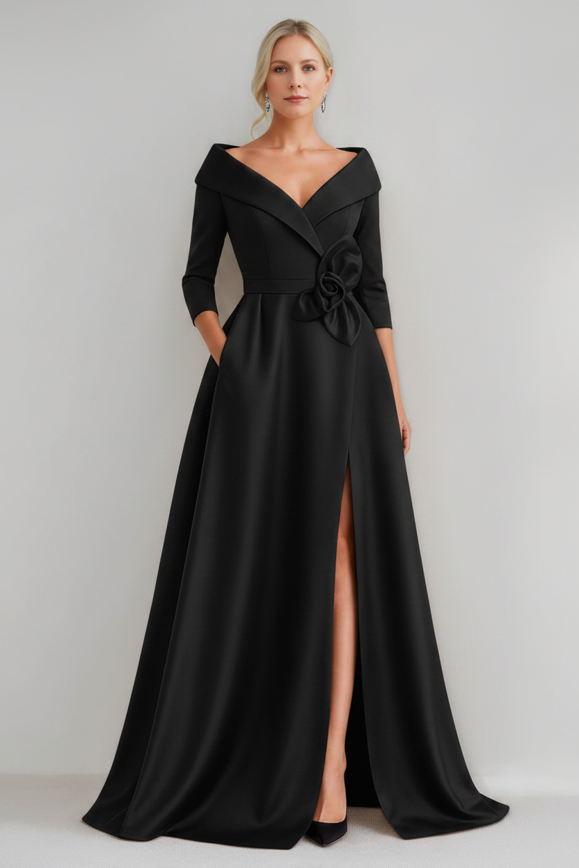A-Line/Princess V-Neck 3/4 Sleeves Floor-Length Mother of the Bride Dresses with 3D Flowers & Pocket & Slit
