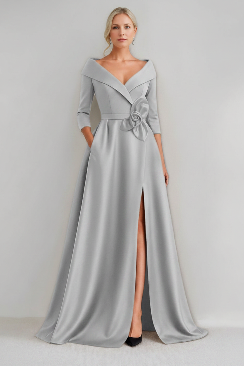 A-Line/Princess V-Neck 3/4 Sleeves Floor-Length Mother of the Bride Dresses with 3D Flowers & Pocket & Slit