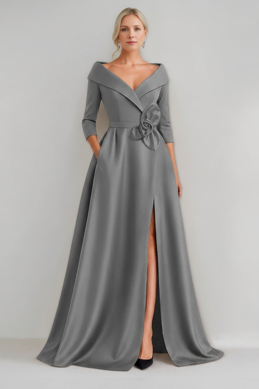 A-Line/Princess V-Neck 3/4 Sleeves Floor-Length Mother of the Bride Dresses with 3D Flowers & Pocket & Slit