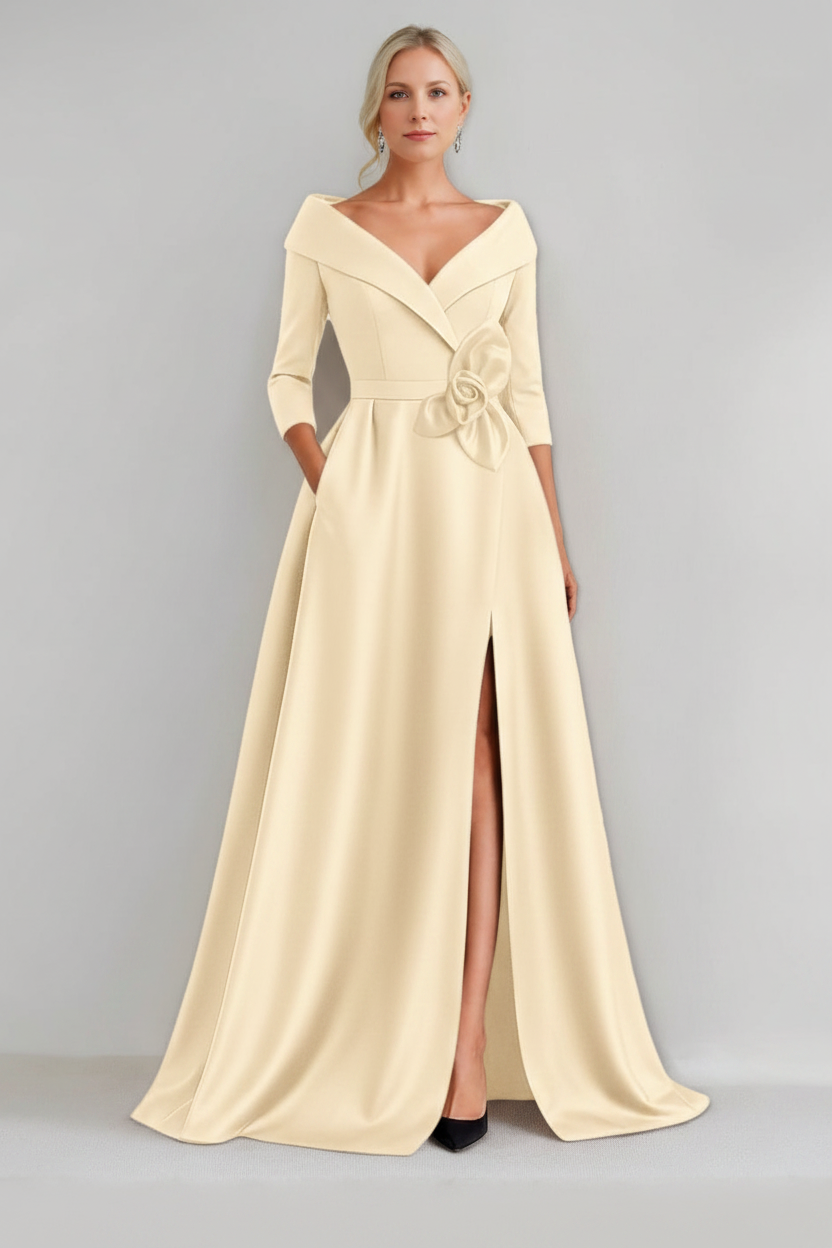 A-Line/Princess V-Neck 3/4 Sleeves Floor-Length Mother of the Bride Dresses with 3D Flowers & Pocket & Slit