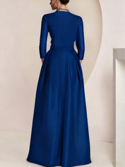 A Line/Princess V-Neck 3/4 Sleeves Floor-Length Mother of the Bride Dresses with Ruched, Draping, Split Front, Flower & Ruching