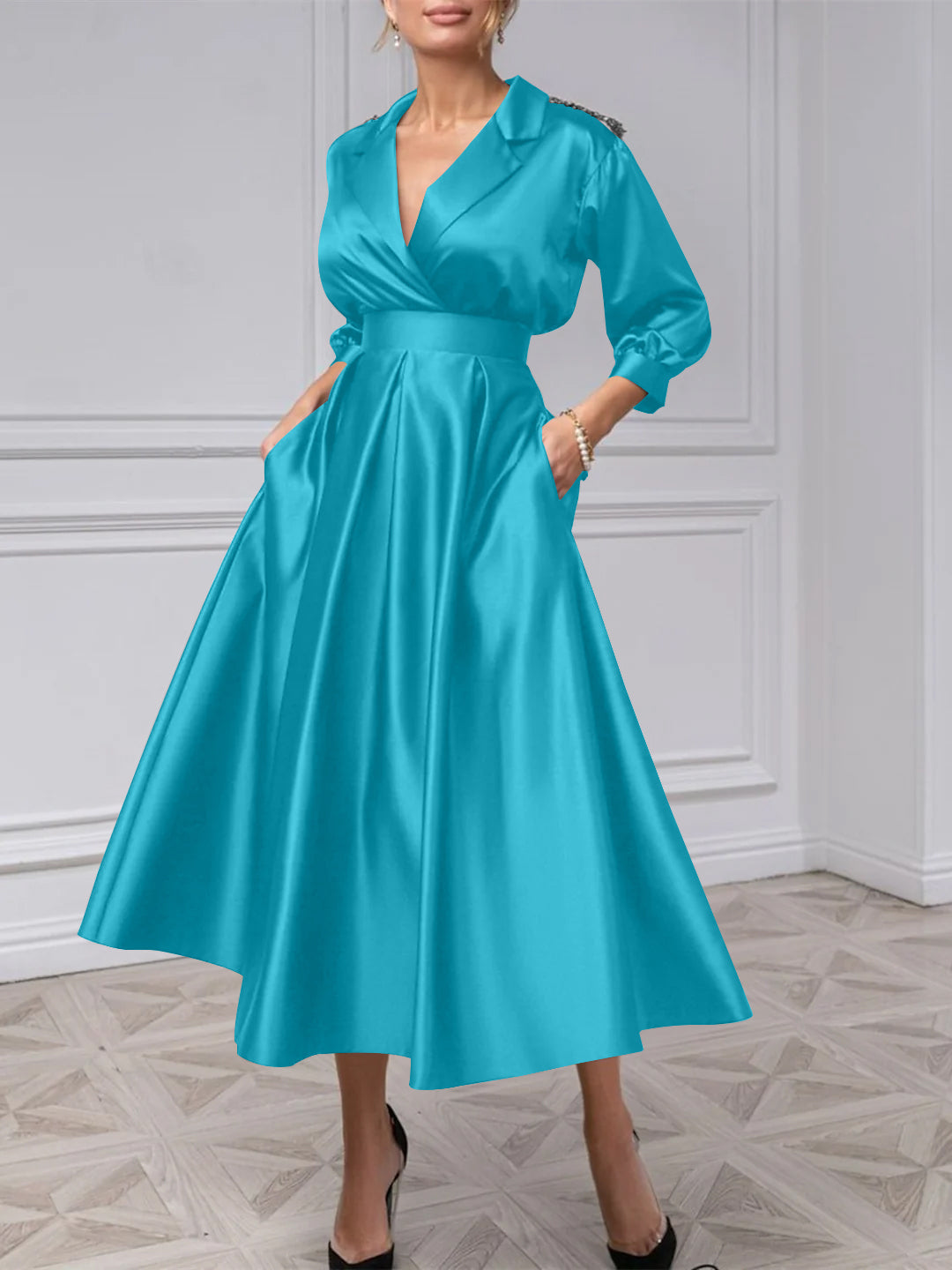A-Line/Princess V-Neck 3/4 Sleeves Mother Of The Bride Dresses With Beading