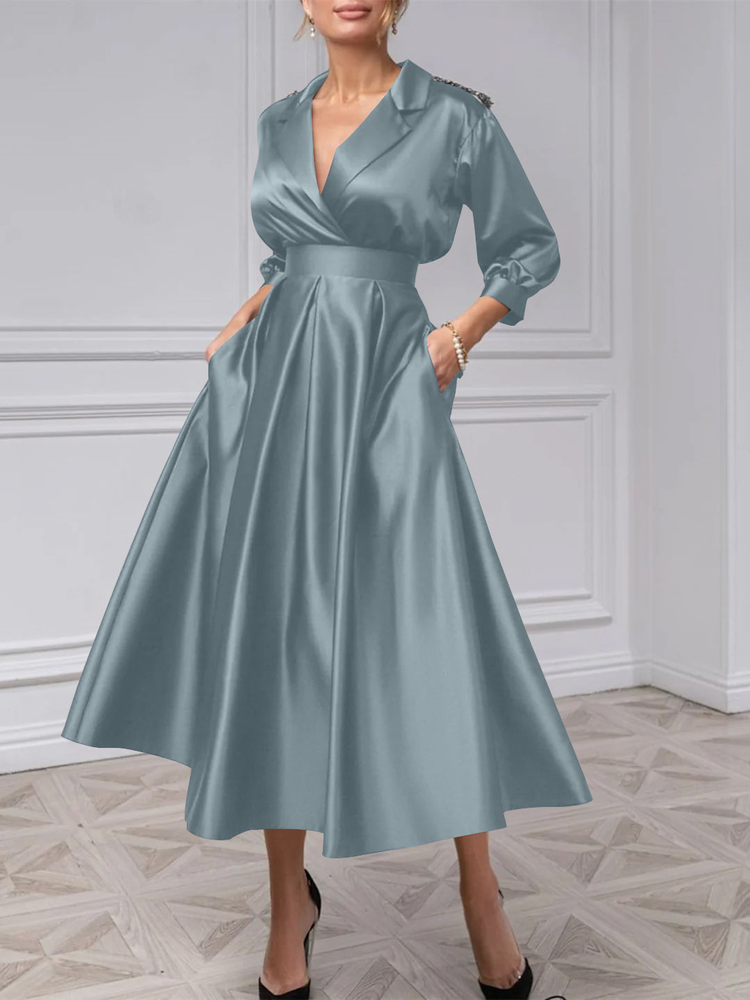 A-Line/Princess V-Neck 3/4 Sleeves Mother Of The Bride Dresses With Beading