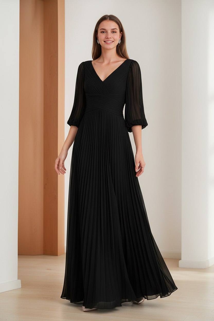 A-Line/Princess V-Neck 3/4 Sleeves Pleated Chiffon Chic Mother of the Bride & Groom Dresses