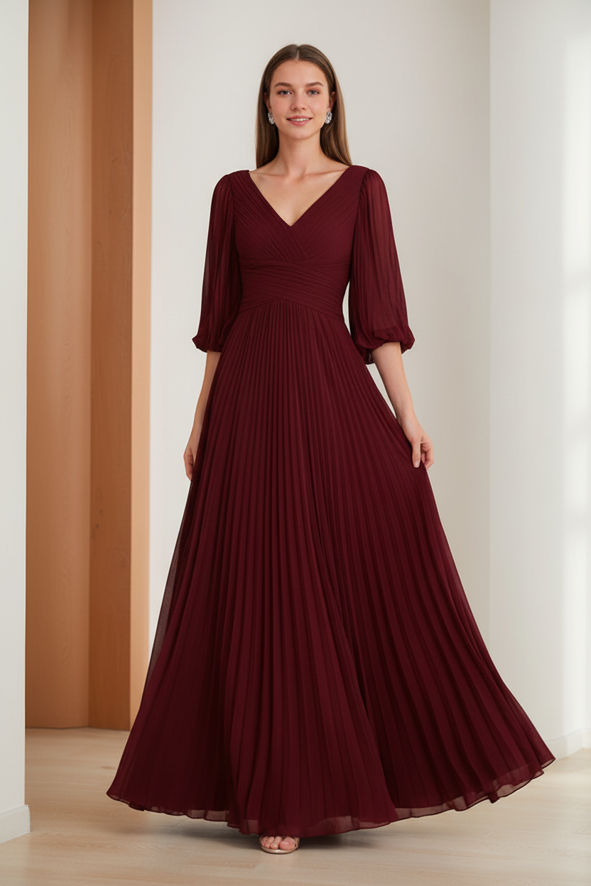 A-Line/Princess V-Neck 3/4 Sleeves Pleated Chiffon Chic Mother of the Bride & Groom Dresses