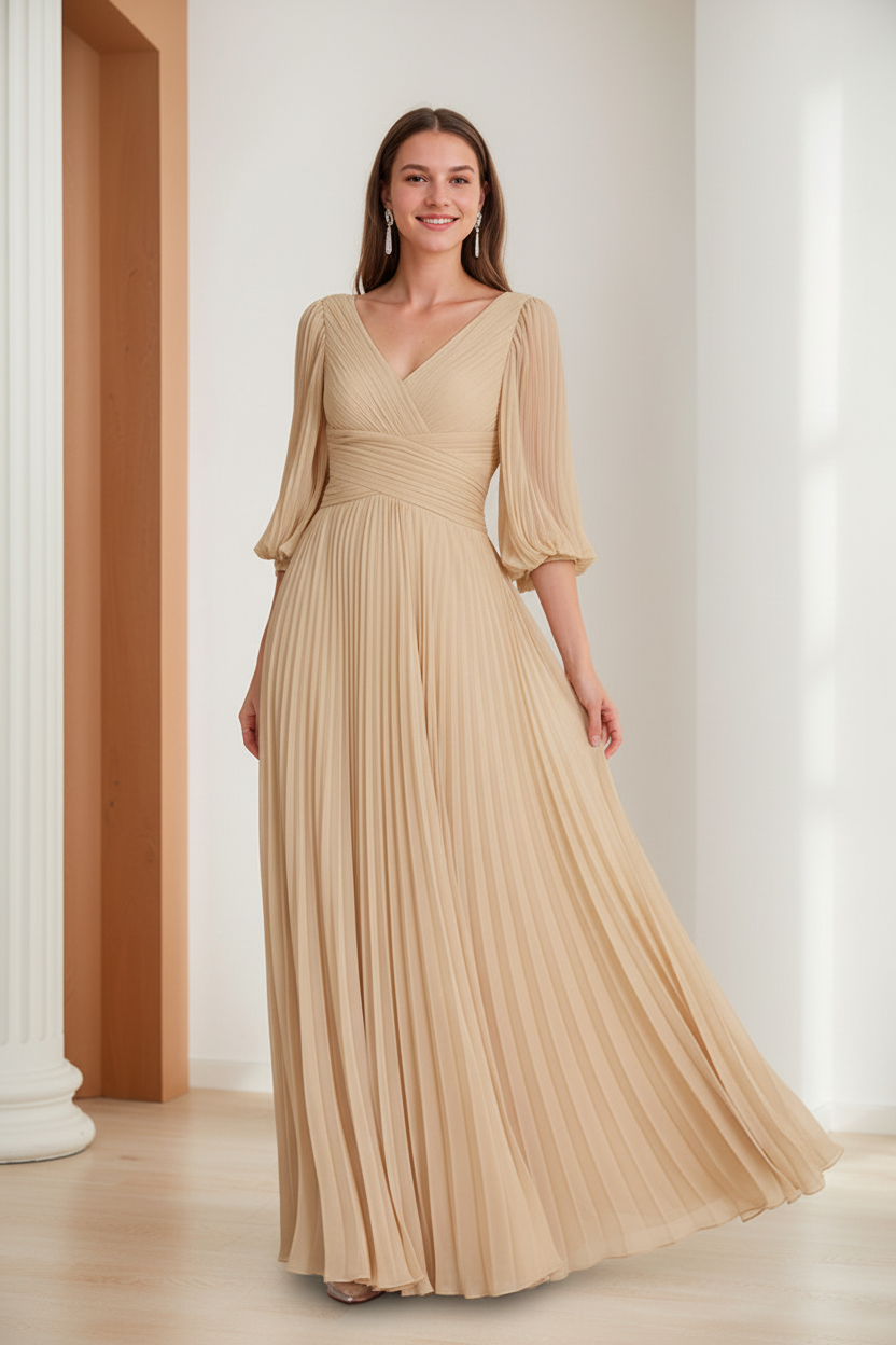 A-Line/Princess V-Neck 3/4 Sleeves Pleated Chiffon Chic Mother of the Bride & Groom Dresses