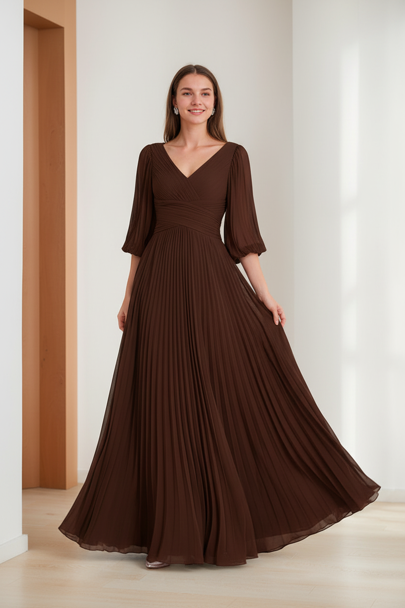 A-Line/Princess V-Neck 3/4 Sleeves Pleated Chiffon Chic Mother of the Bride & Groom Dresses