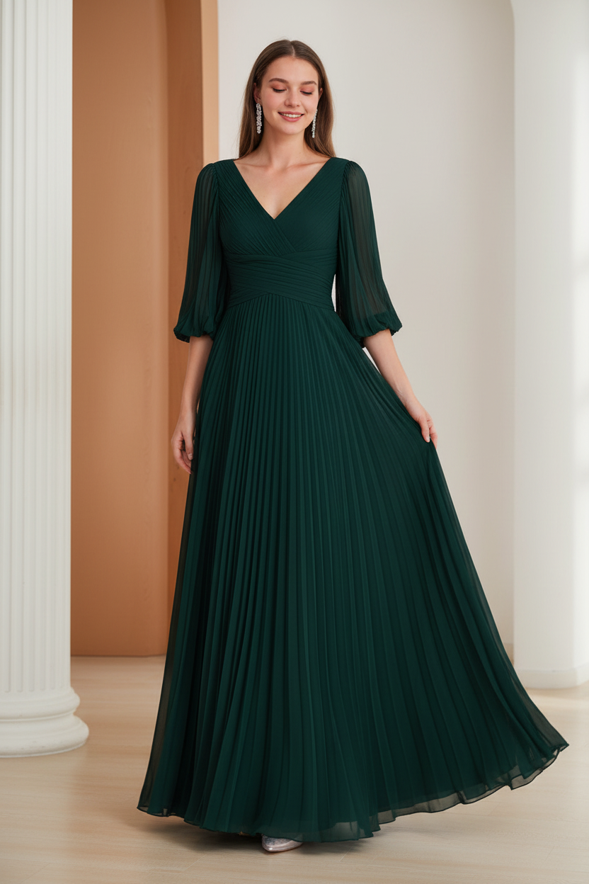 A-Line/Princess V-Neck 3/4 Sleeves Pleated Chiffon Chic Mother of the Bride & Groom Dresses
