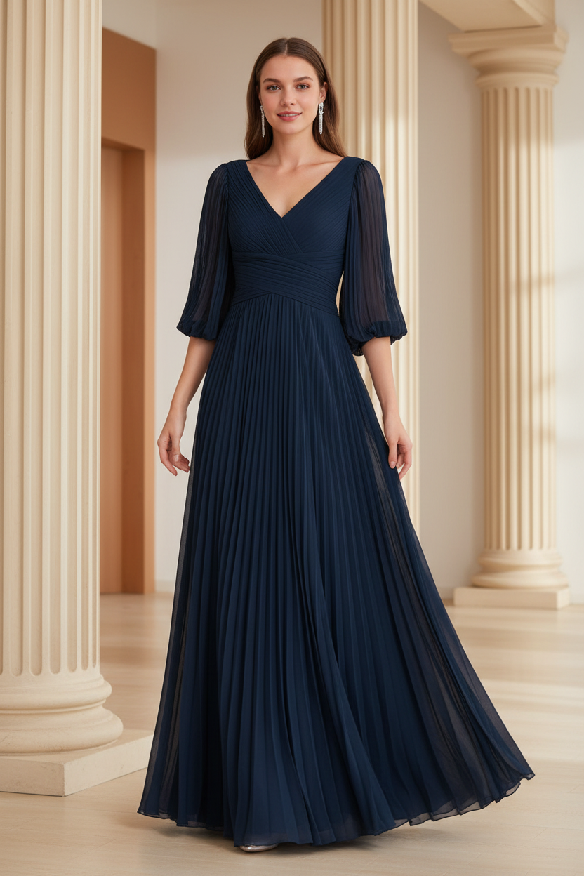 A-Line/Princess V-Neck 3/4 Sleeves Pleated Chiffon Chic Mother of the Bride & Groom Dresses
