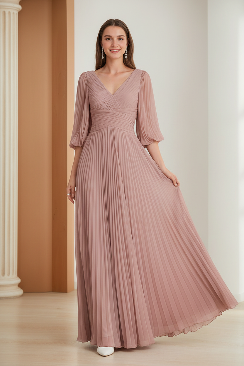A-Line/Princess V-Neck 3/4 Sleeves Pleated Chiffon Chic Mother of the Bride & Groom Dresses