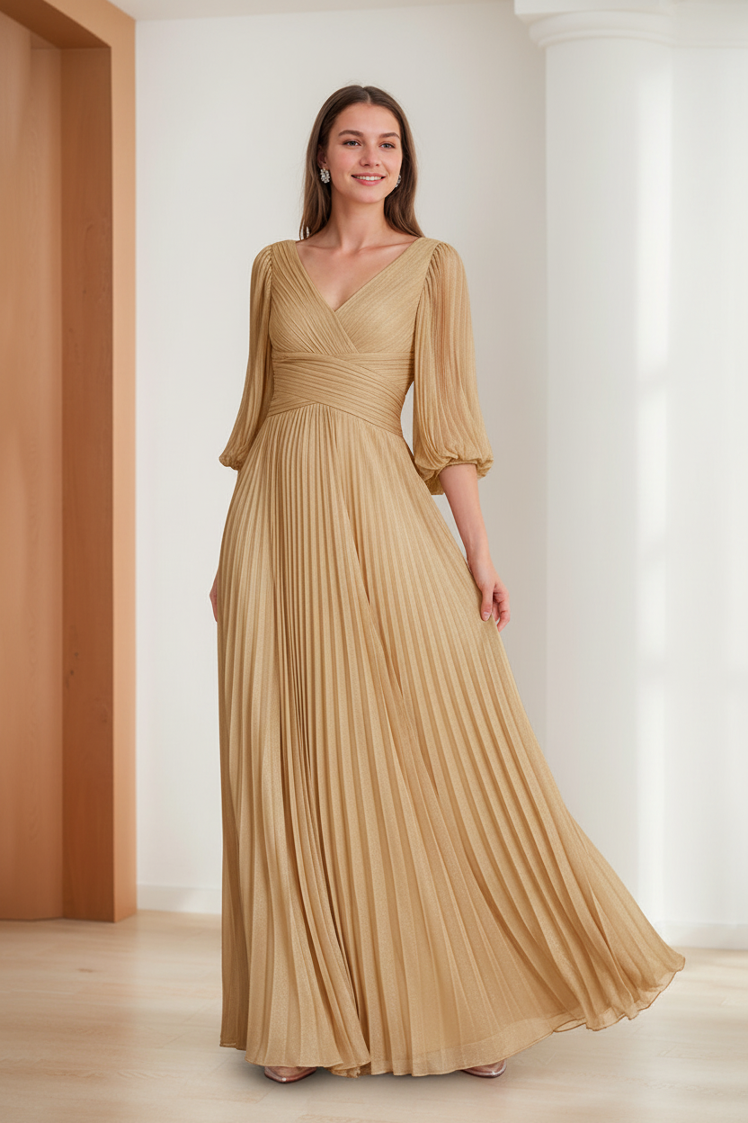 A-Line/Princess V-Neck 3/4 Sleeves Pleated Chiffon Chic Mother of the Bride & Groom Dresses