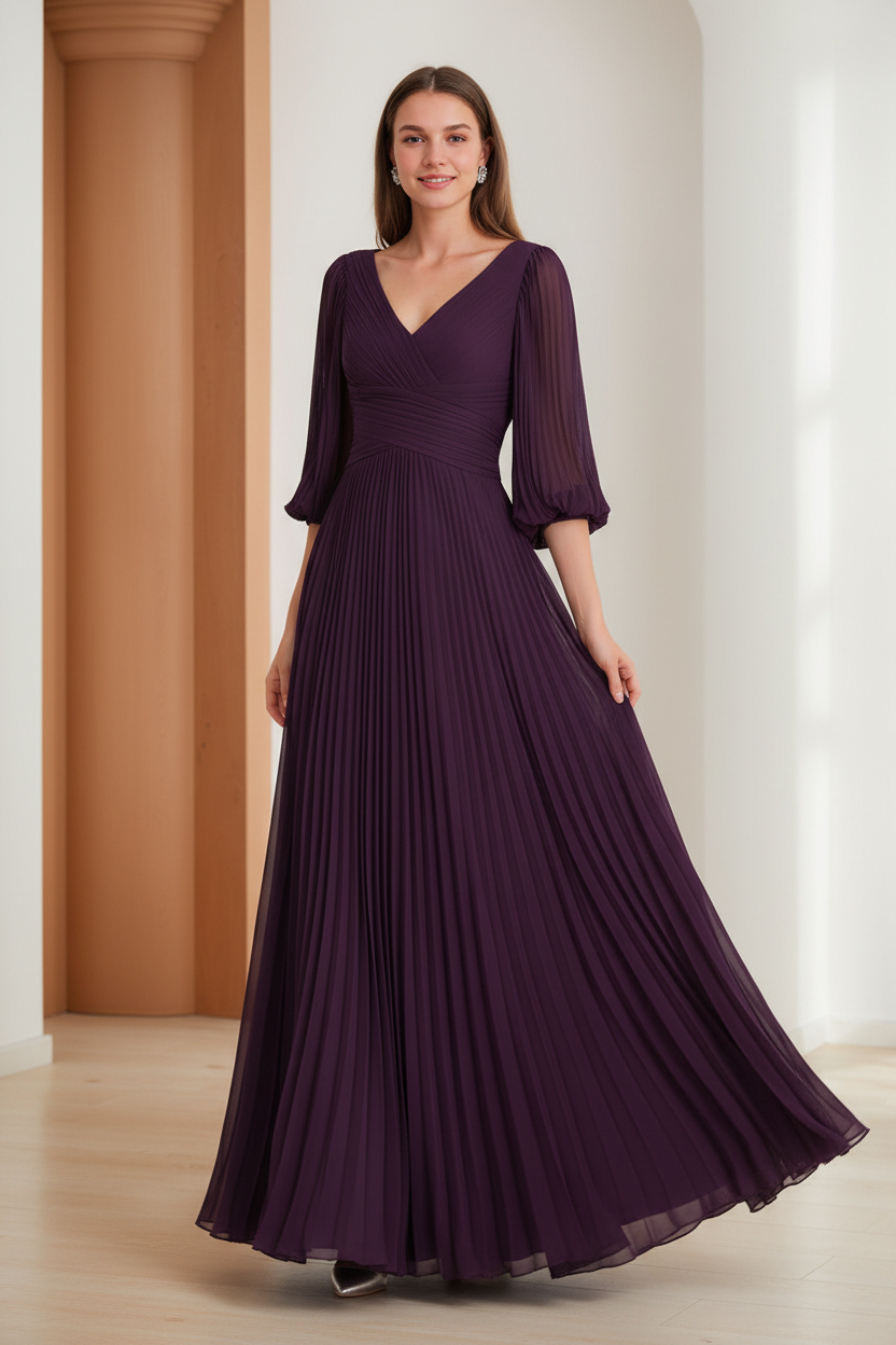 A-Line/Princess V-Neck 3/4 Sleeves Pleated Chiffon Chic Mother of the Bride & Groom Dresses