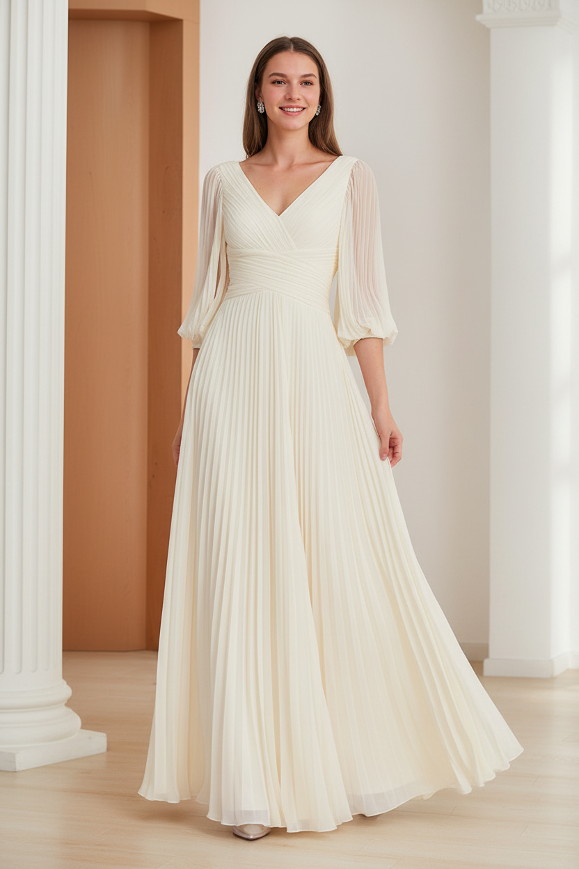 A-Line/Princess V-Neck 3/4 Sleeves Pleated Chiffon Chic Mother of the Bride & Groom Dresses