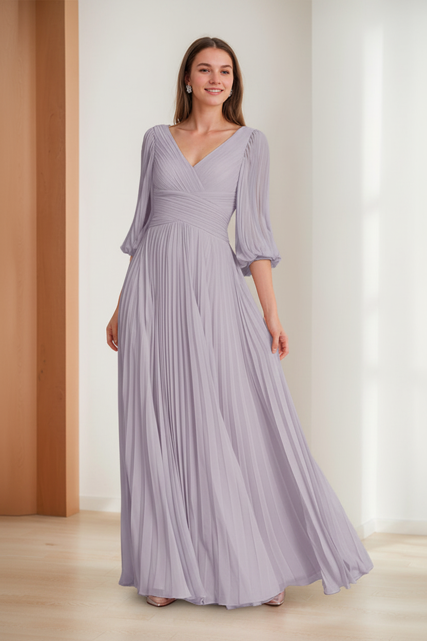 A-Line/Princess V-Neck 3/4 Sleeves Pleated Chiffon Chic Mother of the Bride & Groom Dresses