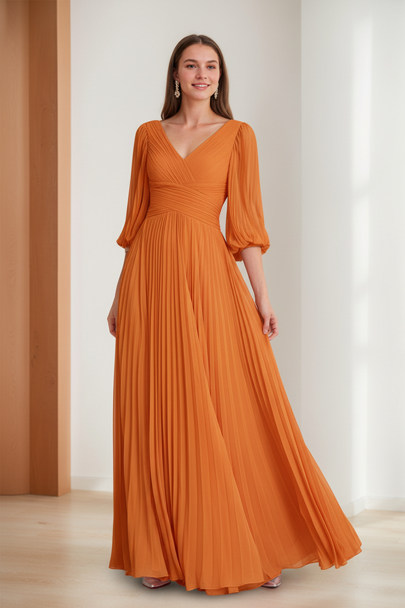 A-Line/Princess V-Neck 3/4 Sleeves Pleated Chiffon Chic Mother of the Bride & Groom Dresses