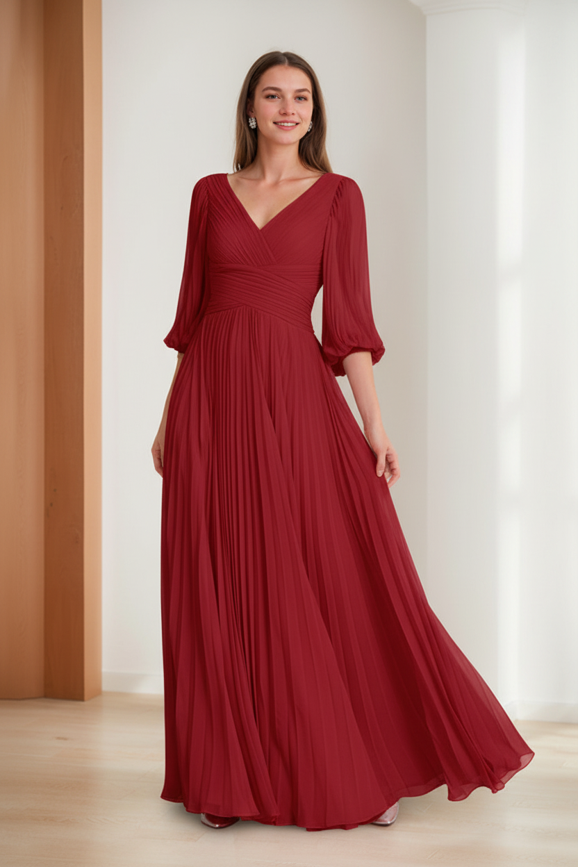 A-Line/Princess V-Neck 3/4 Sleeves Pleated Chiffon Chic Mother of the Bride & Groom Dresses