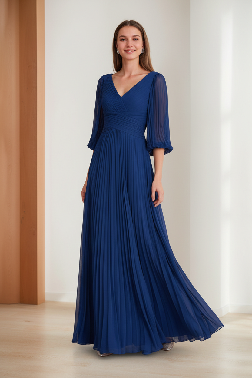 A-Line/Princess V-Neck 3/4 Sleeves Pleated Chiffon Chic Mother of the Bride & Groom Dresses