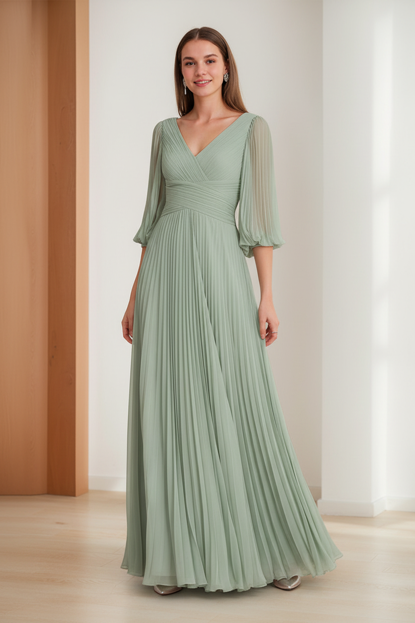 A-Line/Princess V-Neck 3/4 Sleeves Pleated Chiffon Chic Mother of the Bride & Groom Dresses