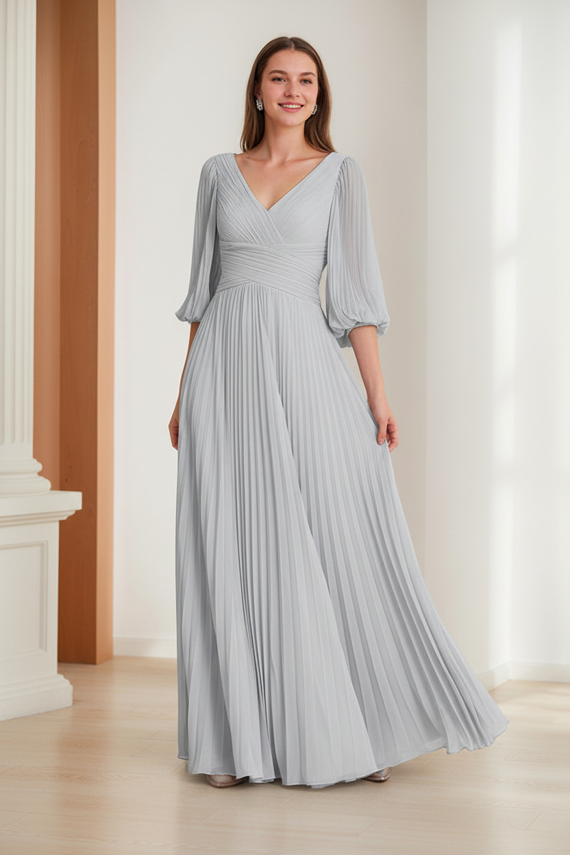 A-Line/Princess V-Neck 3/4 Sleeves Pleated Chiffon Chic Mother of the Bride & Groom Dresses