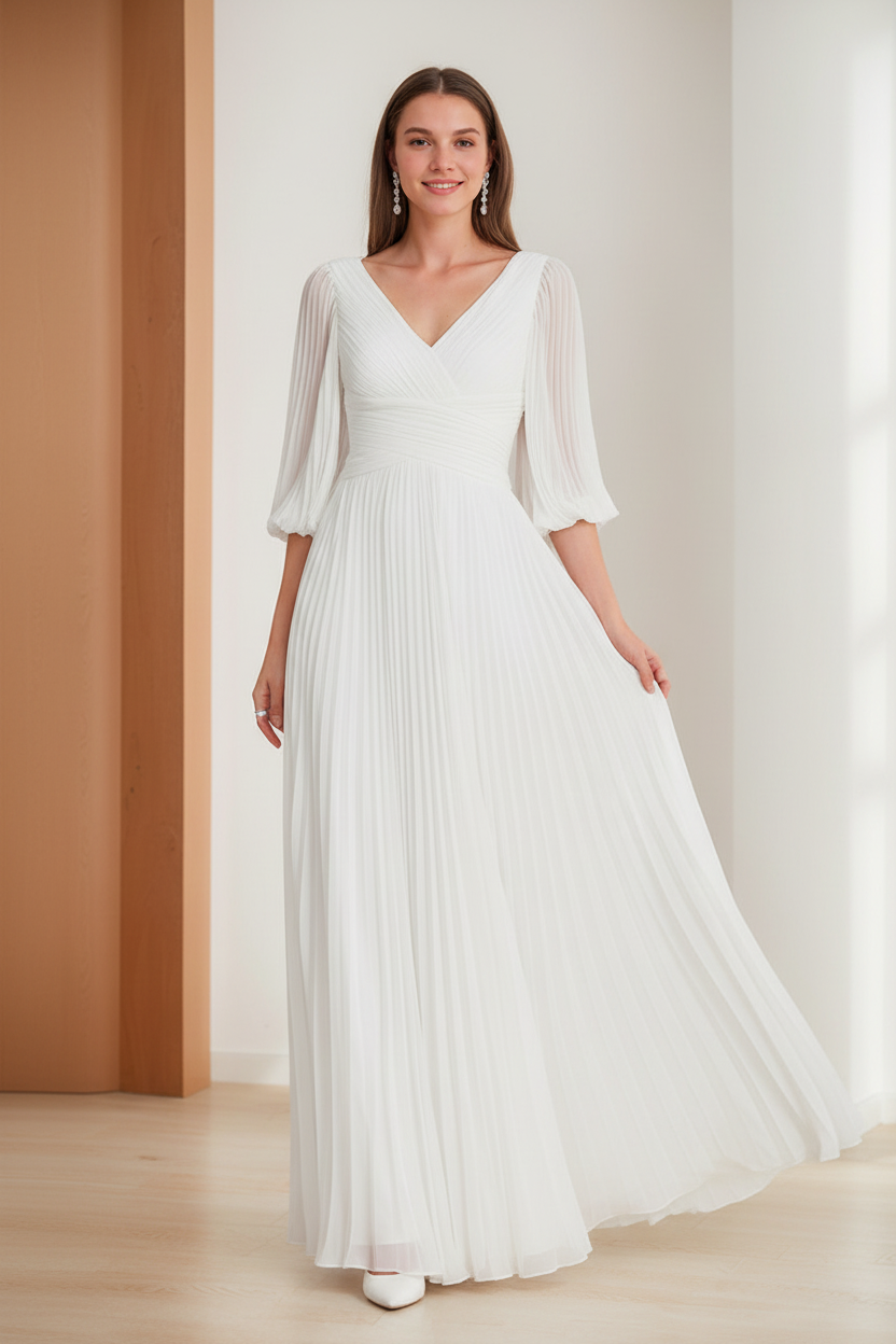 A-Line/Princess V-Neck 3/4 Sleeves Pleated Chiffon Chic Mother of the Bride & Groom Dresses