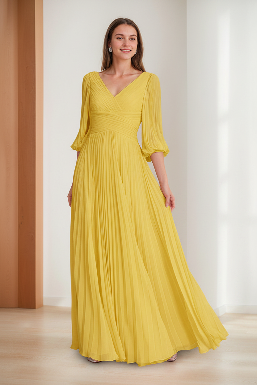 A-Line/Princess V-Neck 3/4 Sleeves Pleated Chiffon Chic Mother of the Bride & Groom Dresses