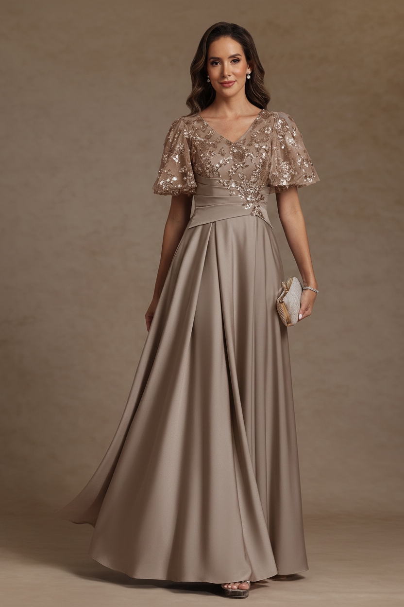 A-Line/Princess V-Neck Acetate Satin Mother of the Bride Dresses Sequins Floor-Length Short Sleeves Ruched