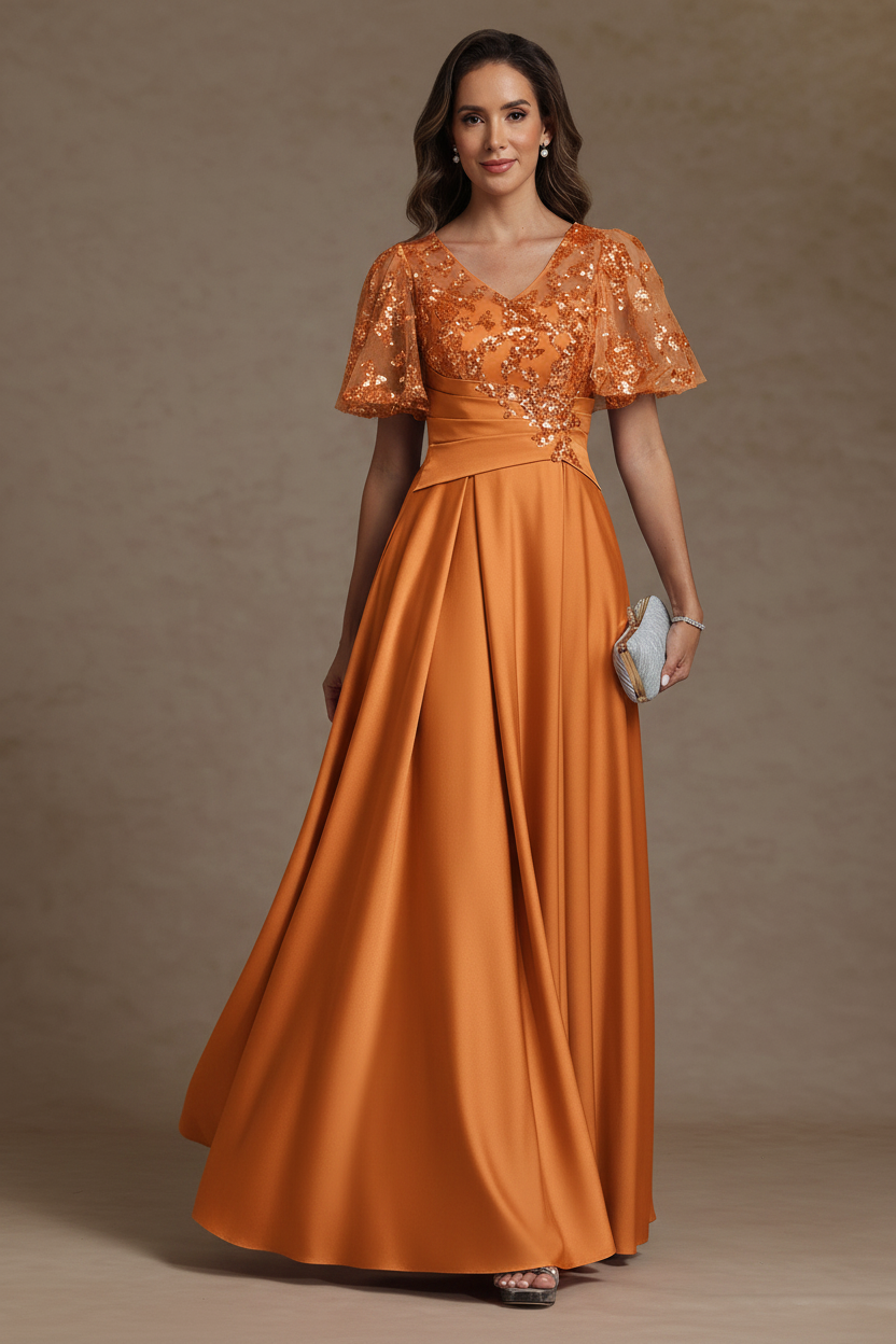 A-Line/Princess V-Neck Acetate Satin Mother of the Bride Dresses Sequins Floor-Length Short Sleeves Ruched
