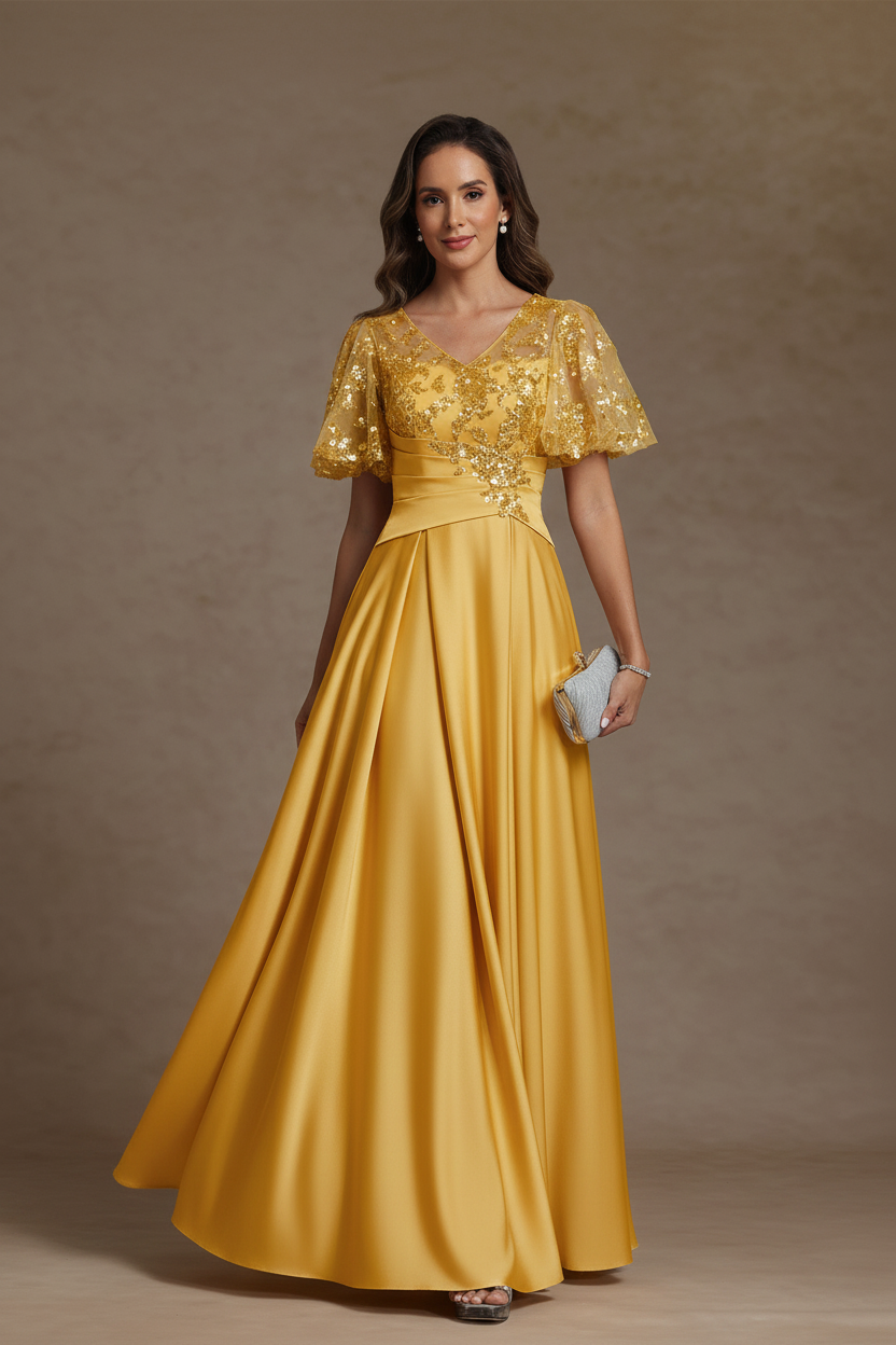 A-Line/Princess V-Neck Acetate Satin Mother of the Bride Dresses Sequins Floor-Length Short Sleeves Ruched