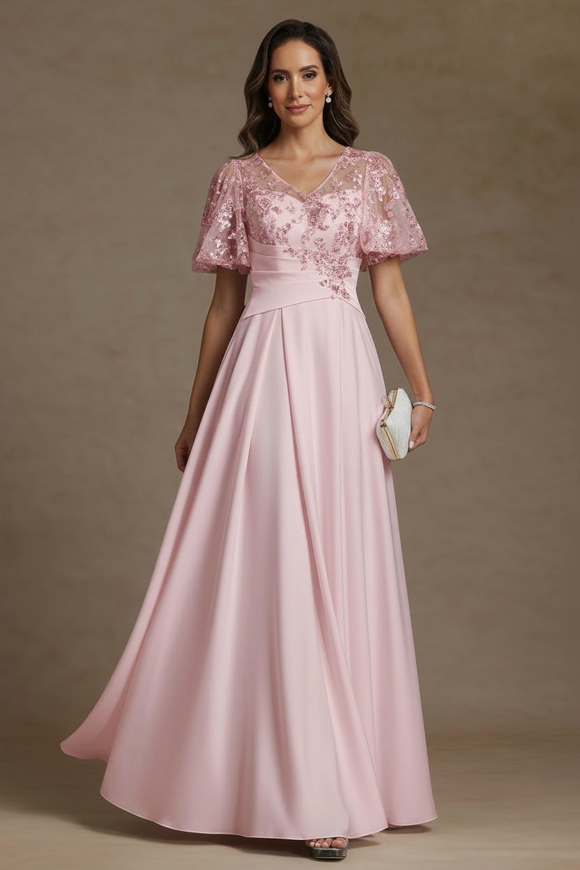 A-Line/Princess V-Neck Acetate Satin Mother of the Bride Dresses Sequins Floor-Length Short Sleeves Ruched