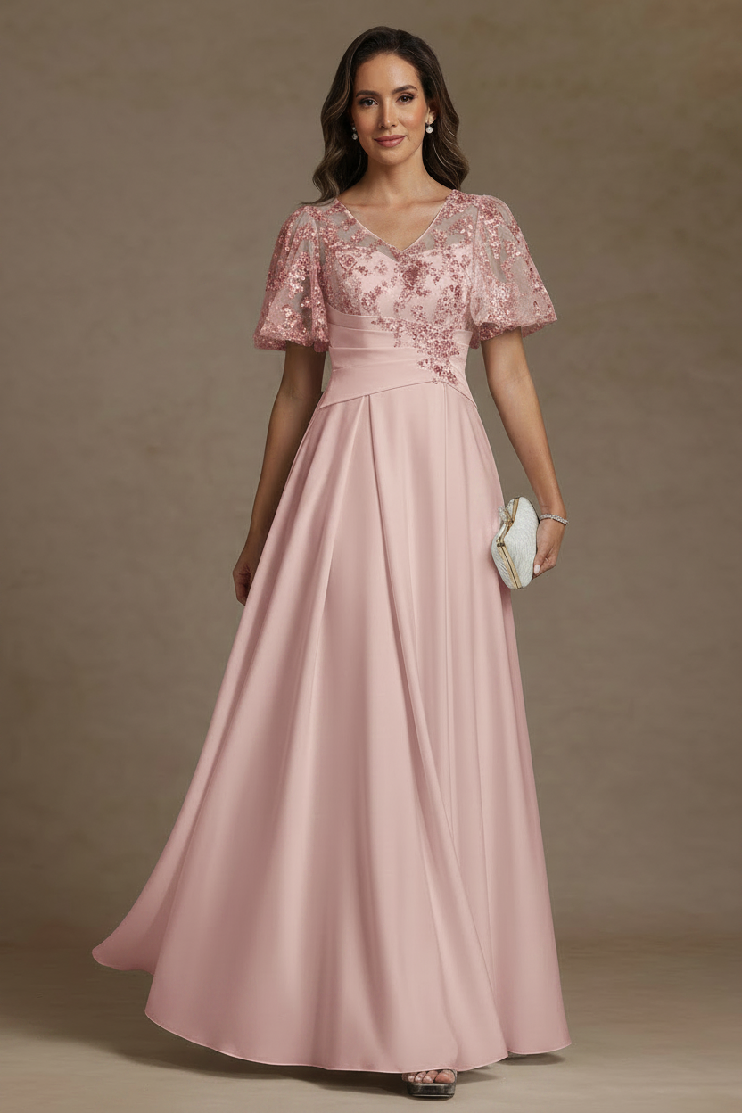 A-Line/Princess V-Neck Acetate Satin Mother of the Bride Dresses Sequins Floor-Length Short Sleeves Ruched