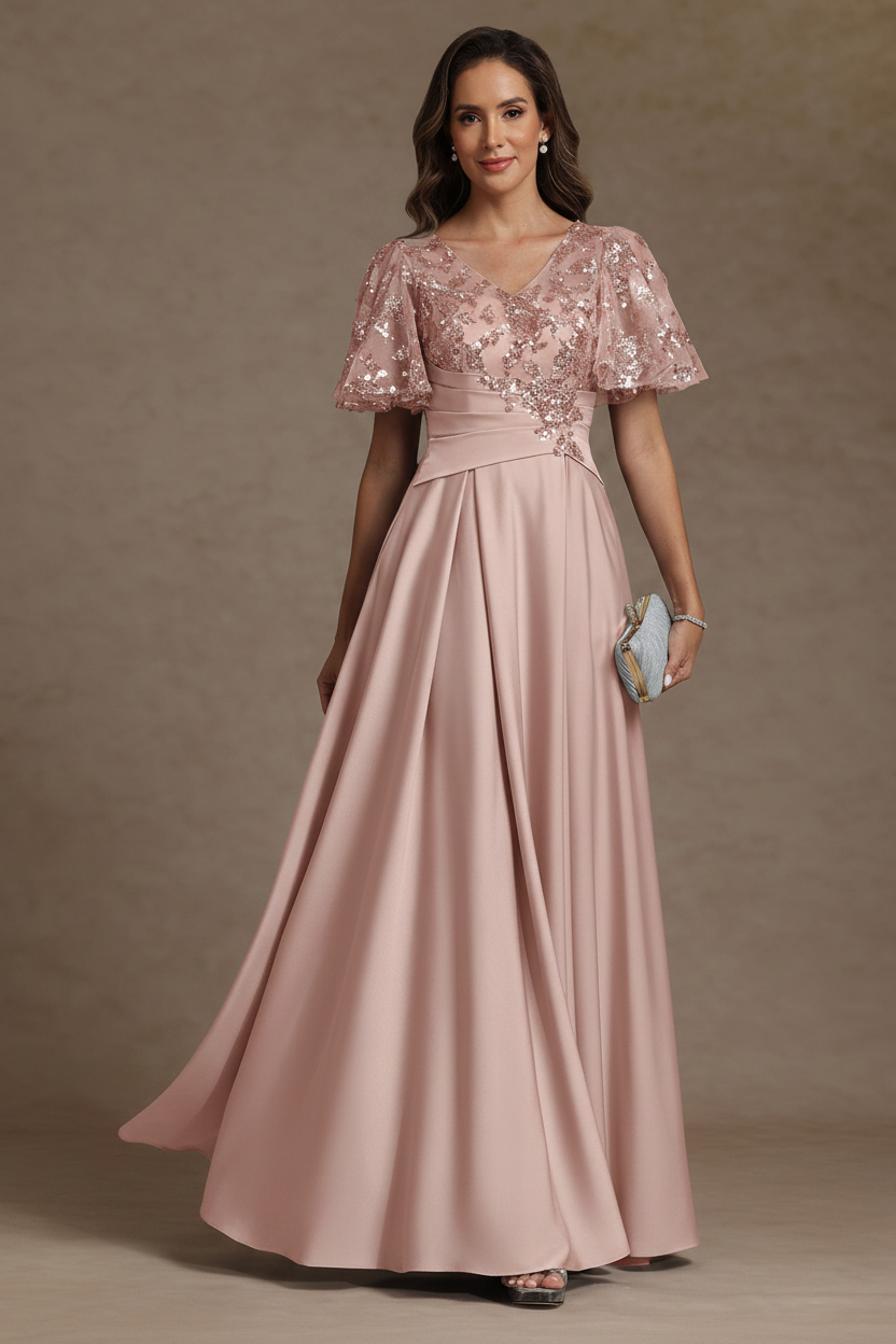 A-Line/Princess V-Neck Acetate Satin Mother of the Bride Dresses Sequins Floor-Length Short Sleeves Ruched