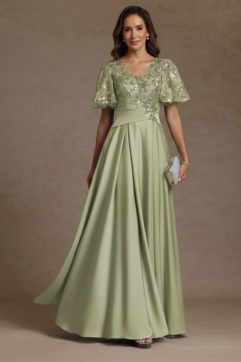 A-Line/Princess V-Neck Acetate Satin Mother of the Bride Dresses Sequins Floor-Length Short Sleeves Ruched