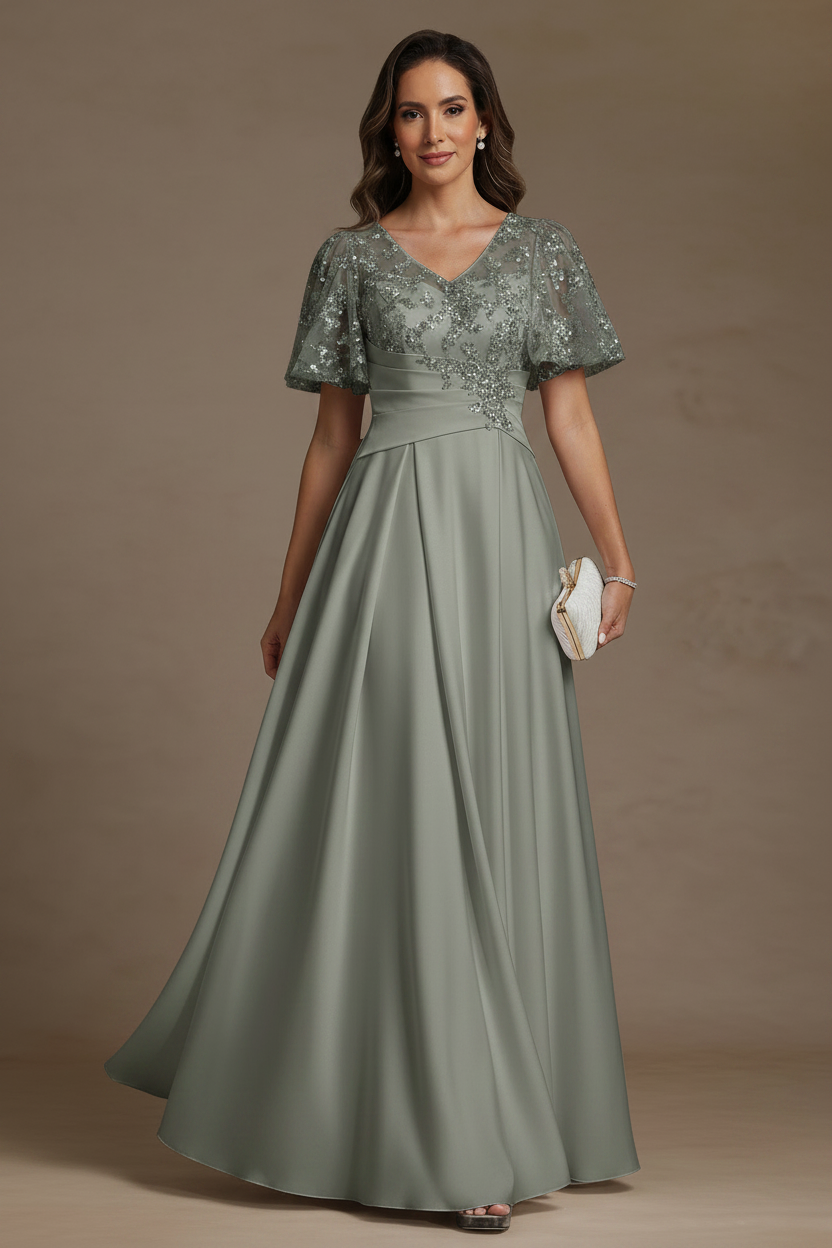 A-Line/Princess V-Neck Acetate Satin Mother of the Bride Dresses Sequins Floor-Length Short Sleeves Ruched