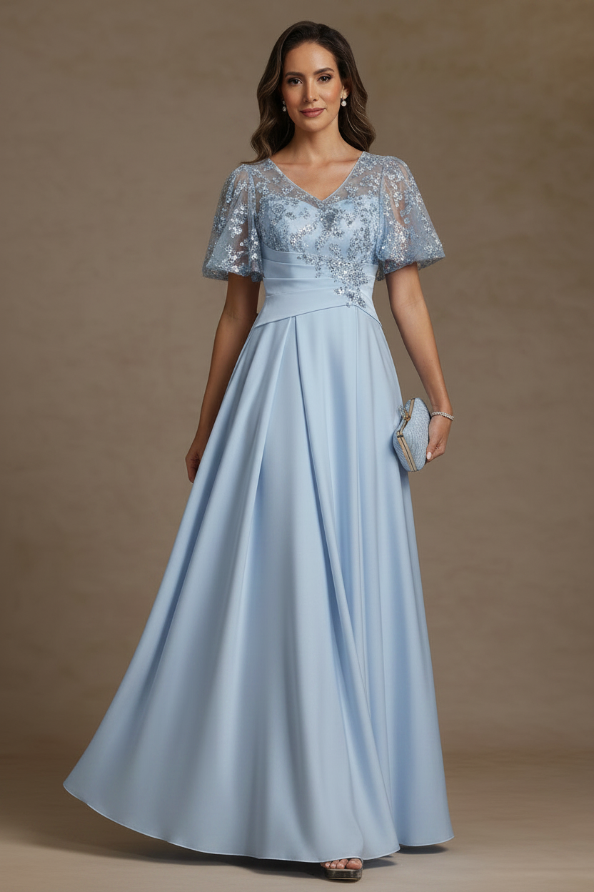 A-Line/Princess V-Neck Acetate Satin Mother of the Bride Dresses Sequins Floor-Length Short Sleeves Ruched