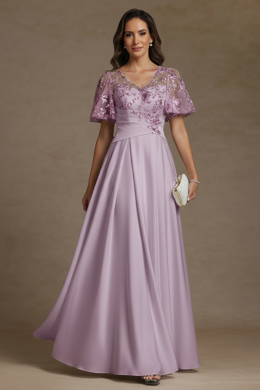 A-Line/Princess V-Neck Acetate Satin Mother of the Bride Dresses Sequins Floor-Length Short Sleeves Ruched