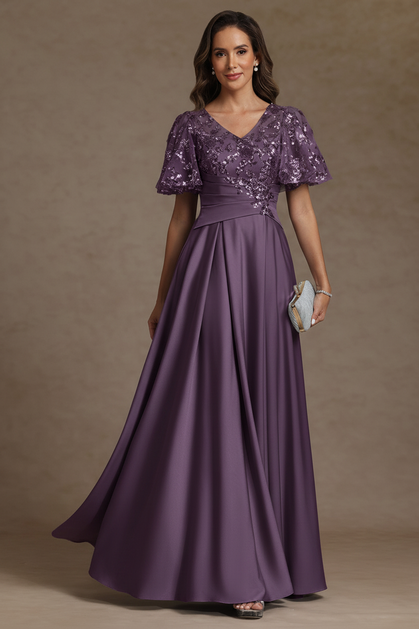A-Line/Princess V-Neck Acetate Satin Mother of the Bride Dresses Sequins Floor-Length Short Sleeves Ruched