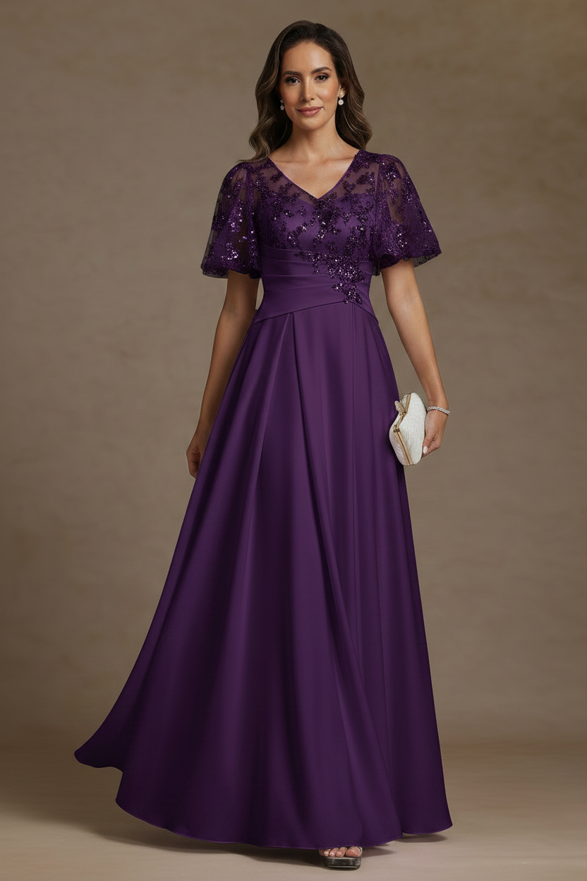 A-Line/Princess V-Neck Acetate Satin Mother of the Bride Dresses Sequins Floor-Length Short Sleeves Ruched