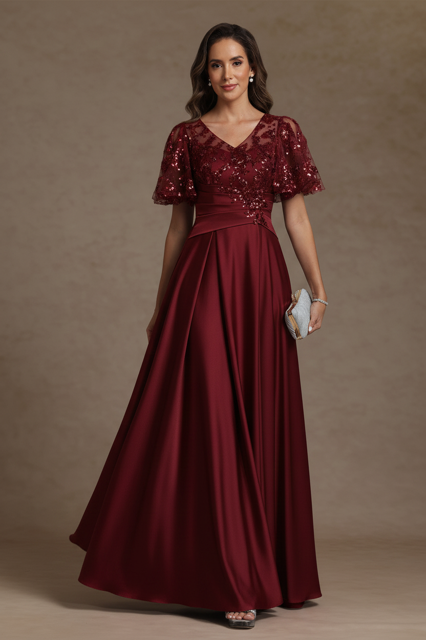A-Line/Princess V-Neck Acetate Satin Mother of the Bride Dresses Sequins Floor-Length Short Sleeves Ruched