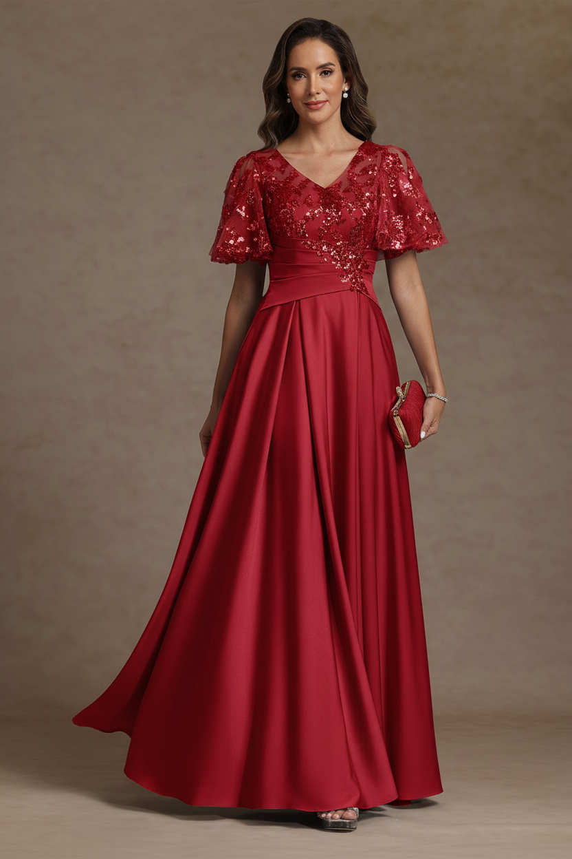 A-Line/Princess V-Neck Acetate Satin Mother of the Bride Dresses Sequins Floor-Length Short Sleeves Ruched
